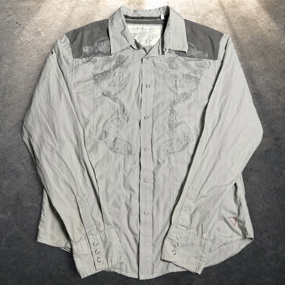 Guess Los Angeles Pinstripe Graphic Western Snap Shirt Grey Y2K Retro Size XL